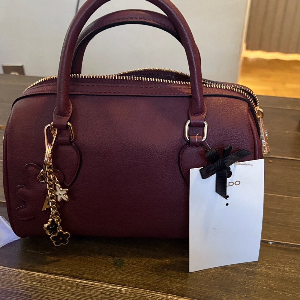 Aldo Dark Red Satchel with Gold Accents